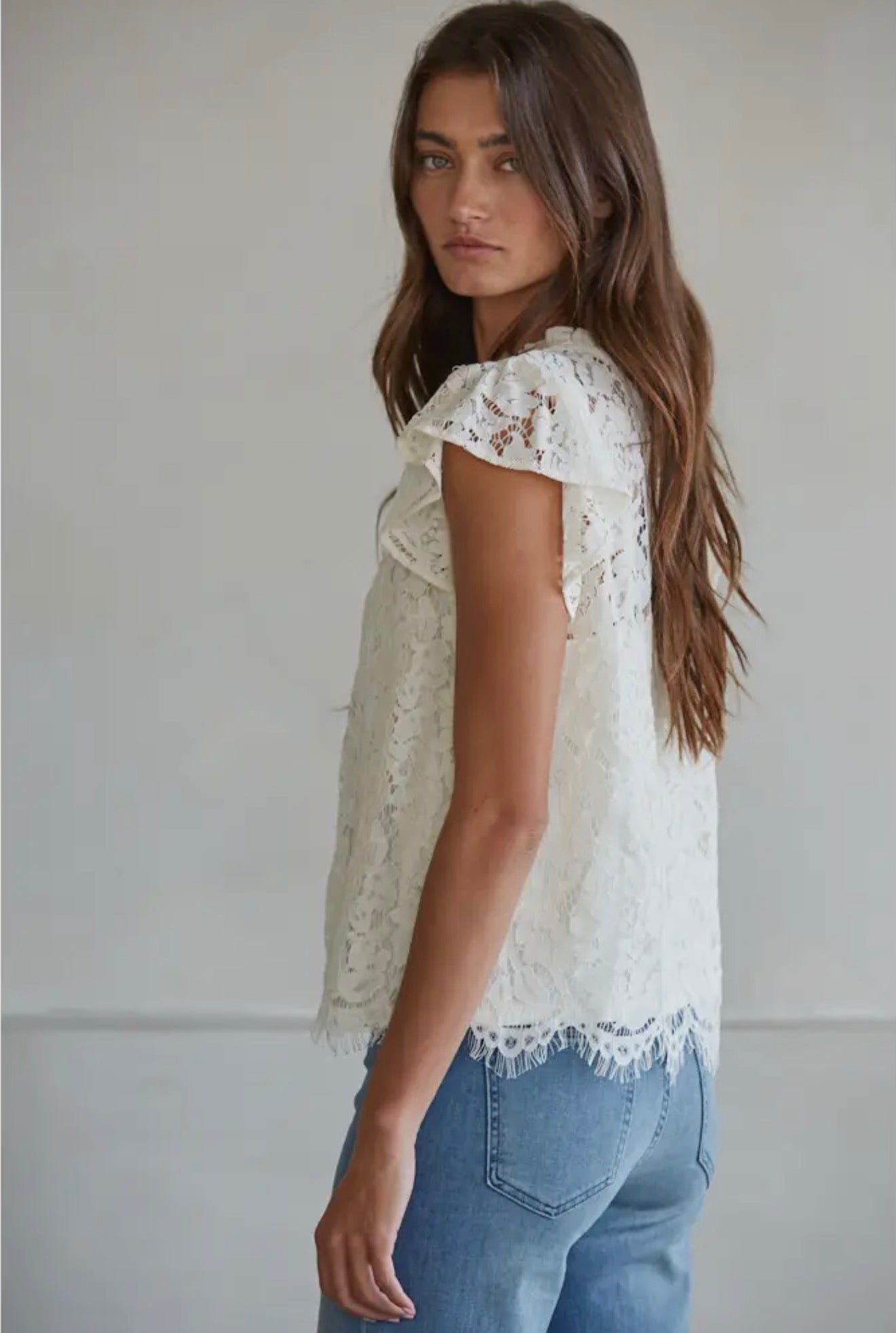 Woven Cotton Nylon Lace Button
Down Short Sleeve Top