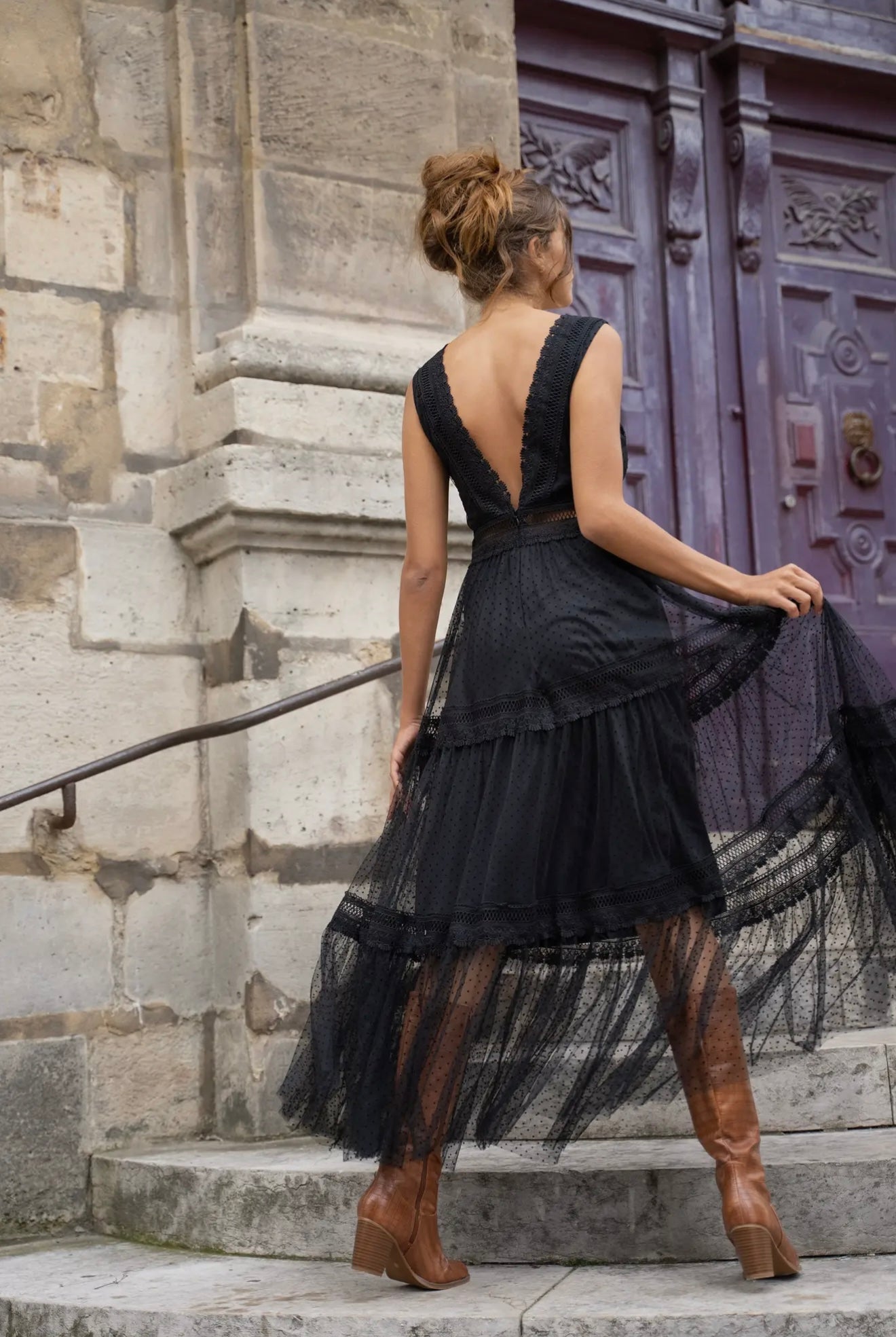 Nikky Long Dress in Plumetis Tulle