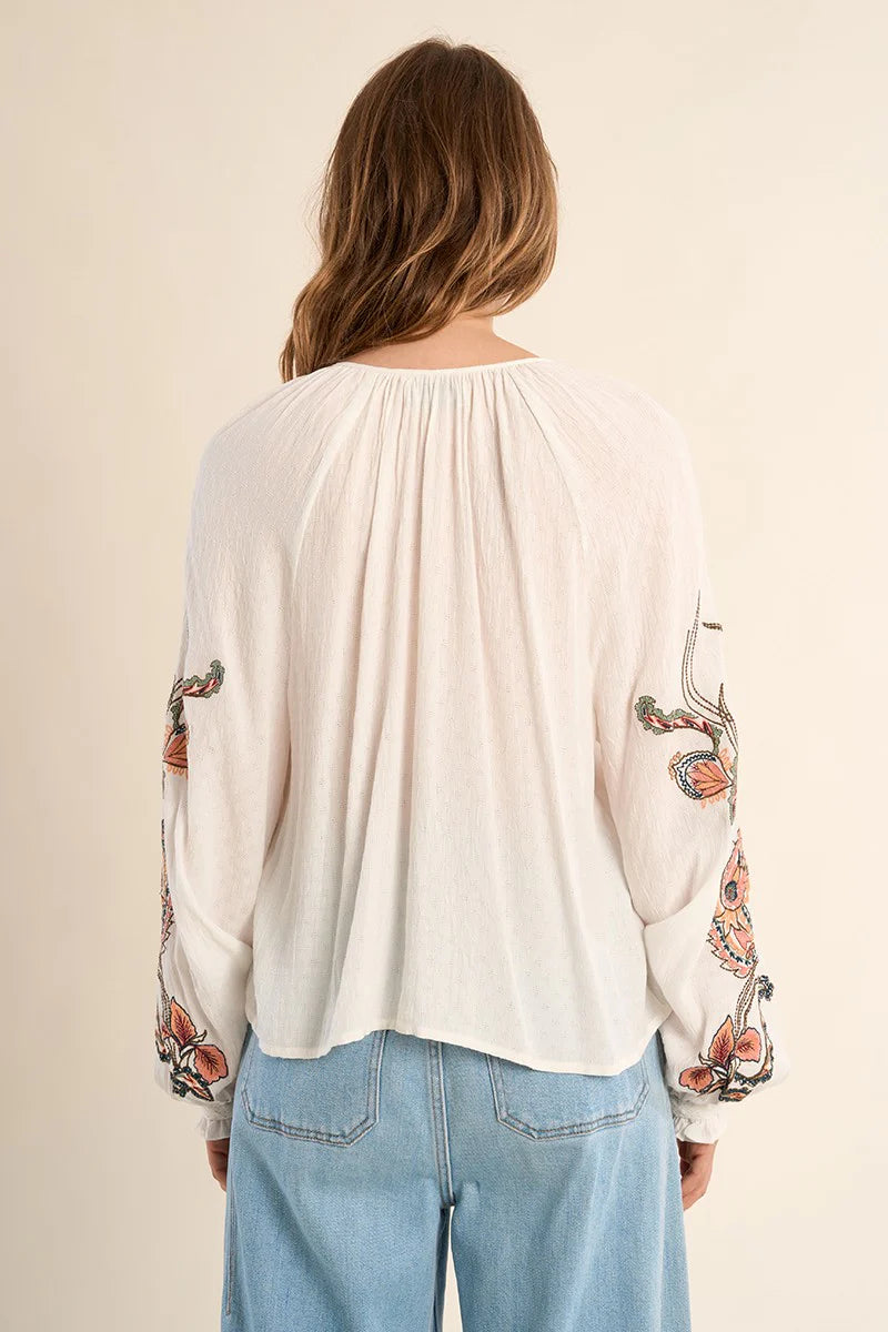 Blouse with floral embroidery, tie collar