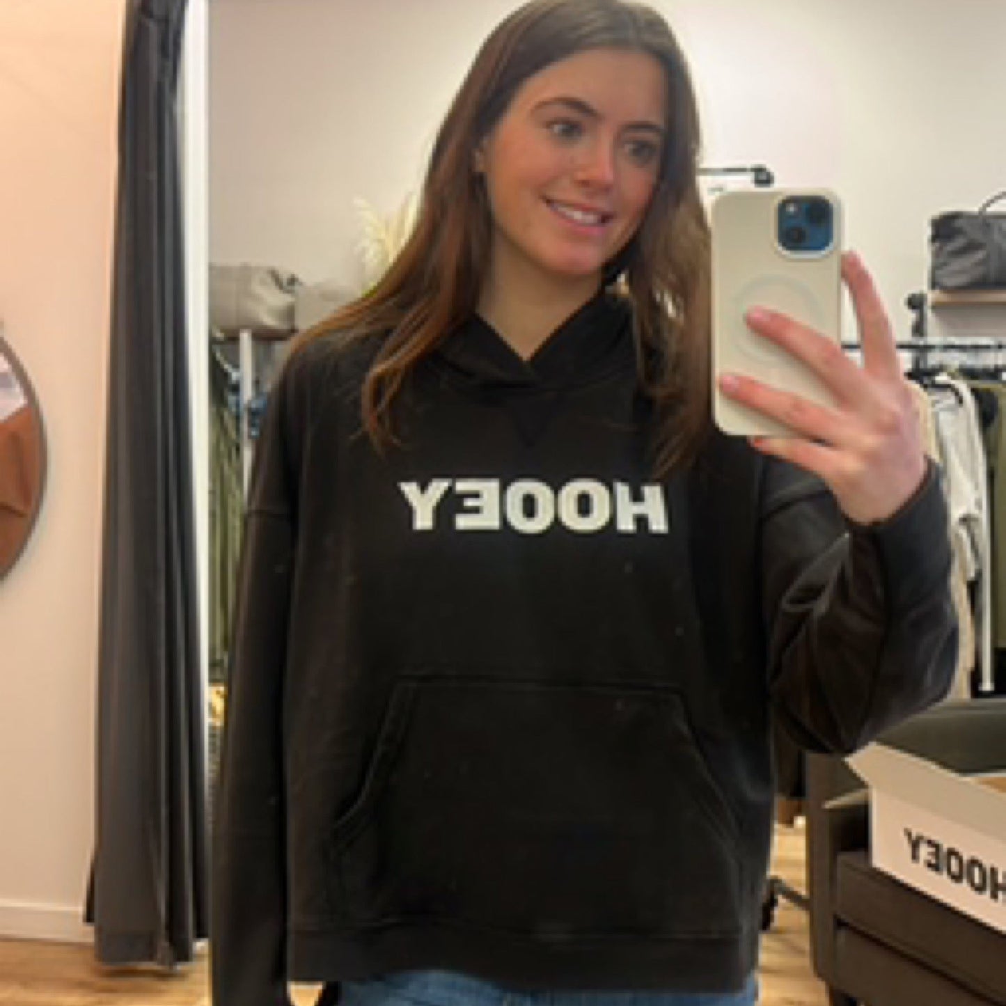 Roomy Hooey Ladies Black Hoody with White Hooey Logo & Internal Phone Kangaroo Pocket and Hoody & Internal Phone Pocket