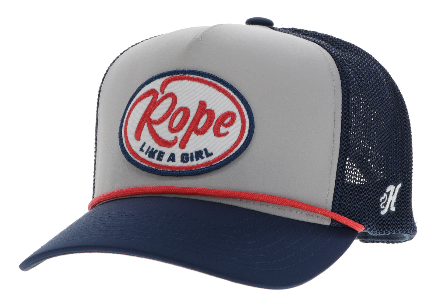 Rope Like a Girl, Grey / Navy 5-Panel Trucker Red / White / Blue Oval Patch - Youth