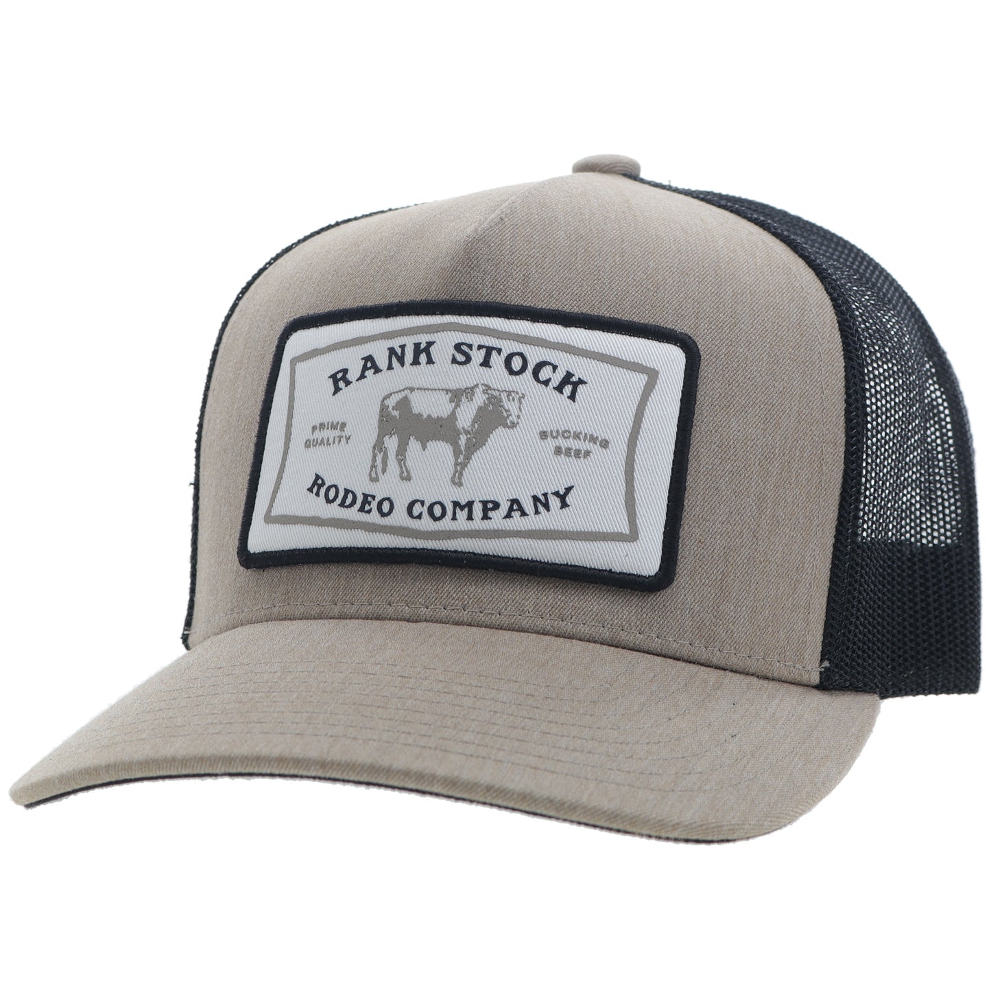 Rank Stock, Hooey Tan / Black 5-Panel Trucker with White / Black Rectangle Patch - OSFA