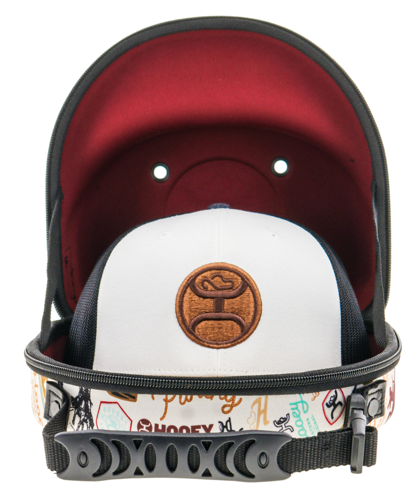 Cap Carrier, Cream with Black / Burgundy Rodeo Pattern on the Outside with Black Hooey Logo and Burgundy Inside with Handle to Carry -