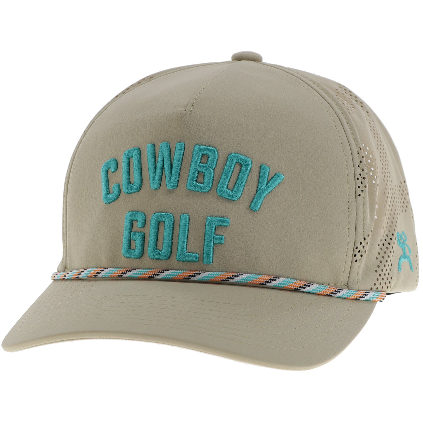 Cowboy, Tan 5-Panel Trucker with Teal Stitching