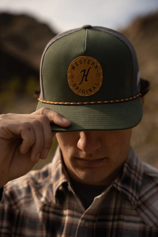 Spur Hooey Olive / Grey 5-Panel Trucker with Brown Circle Patch - OSFA