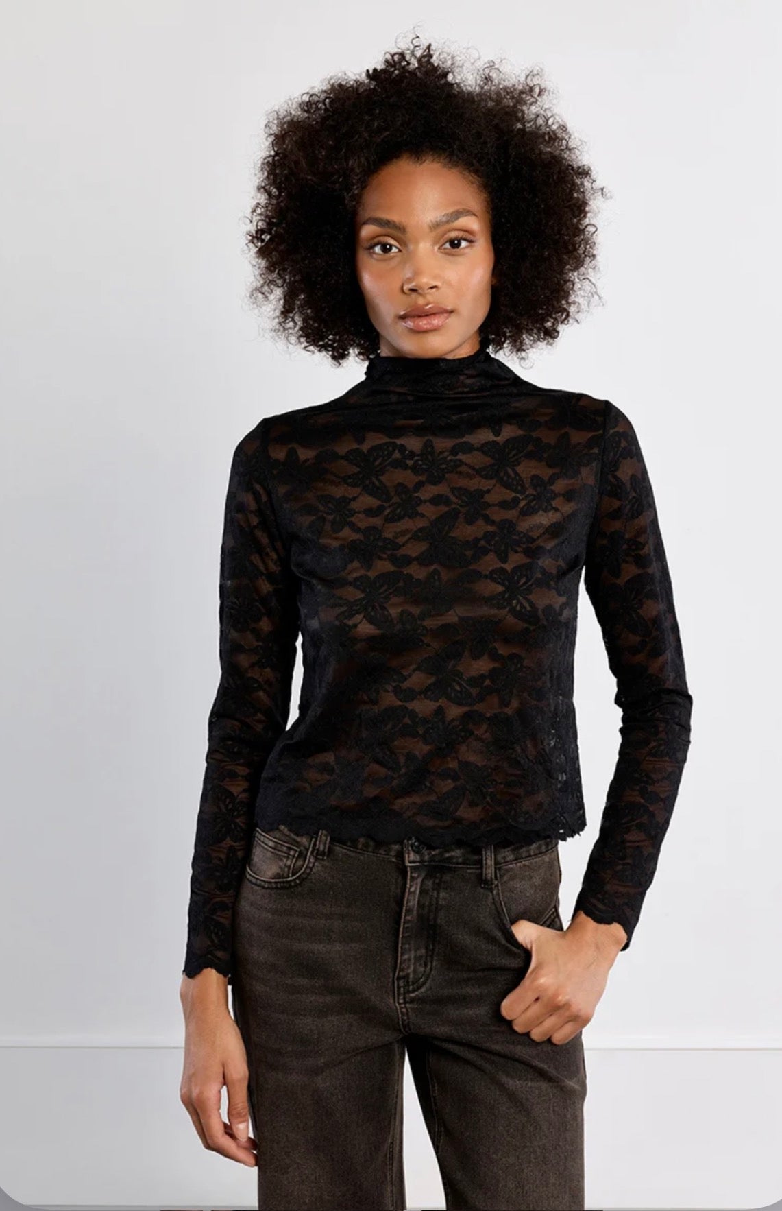 Embroidered mesh top, semi-sheer