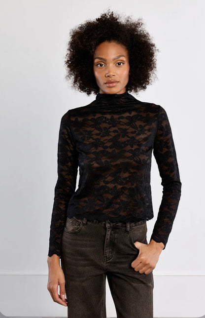 Embroidered mesh top, semi-sheer