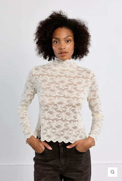 Embroidered mesh top, semi-sheer