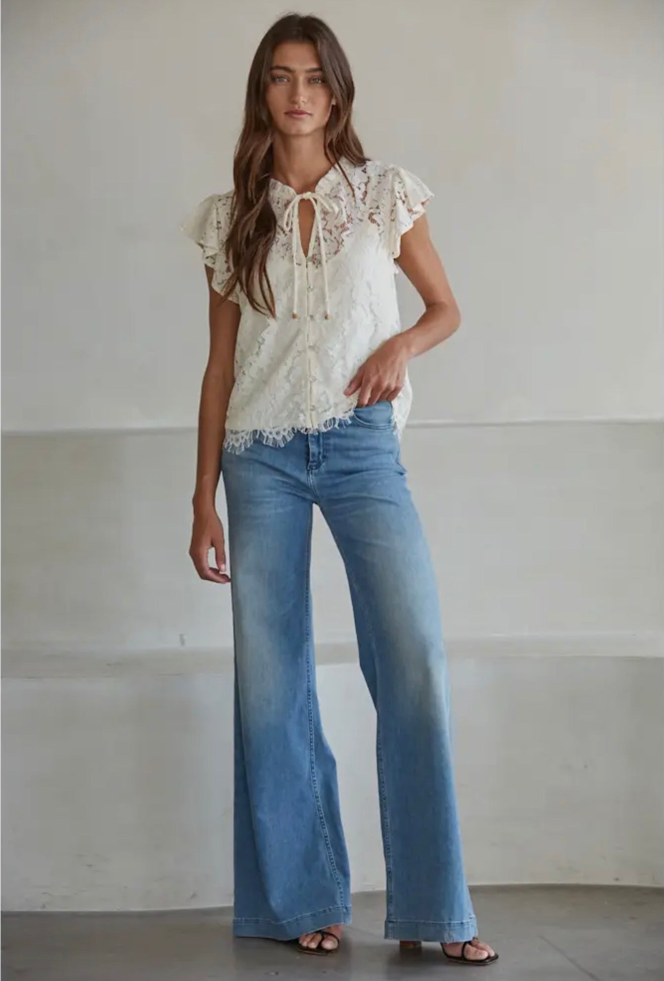 Woven Cotton Nylon Lace Button
Down Short Sleeve Top