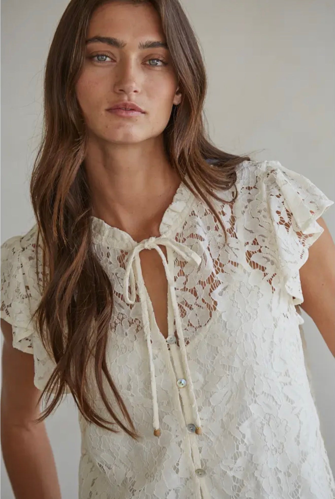Woven Cotton Nylon Lace Button
Down Short Sleeve Top