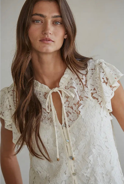 Woven Cotton Nylon Lace Button
Down Short Sleeve Top