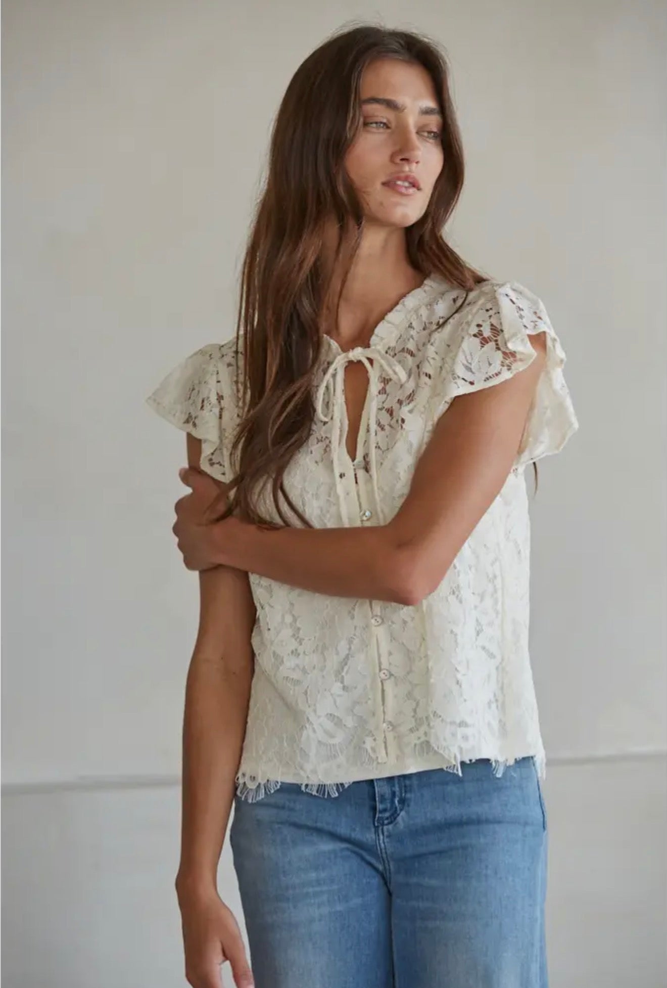 Woven Cotton Nylon Lace Button
Down Short Sleeve Top