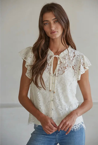 Woven Cotton Nylon Lace Button
Down Short Sleeve Top