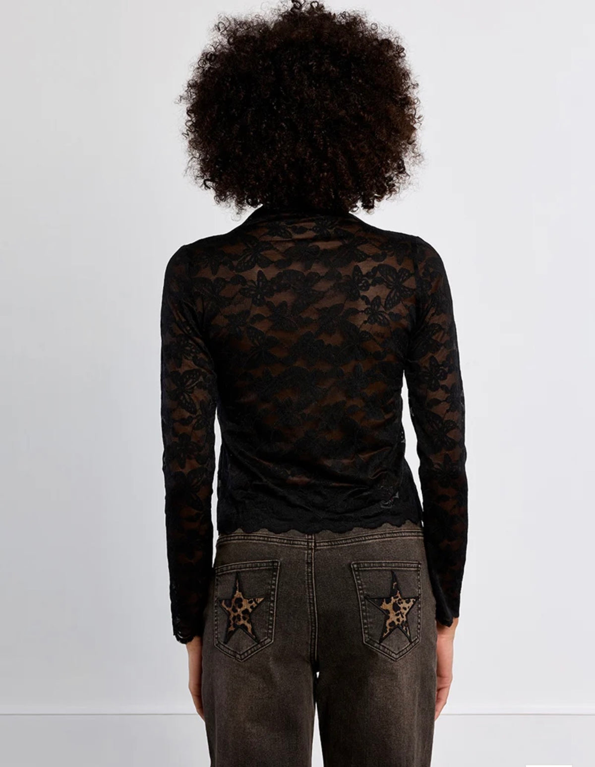 Embroidered mesh top, semi-sheer