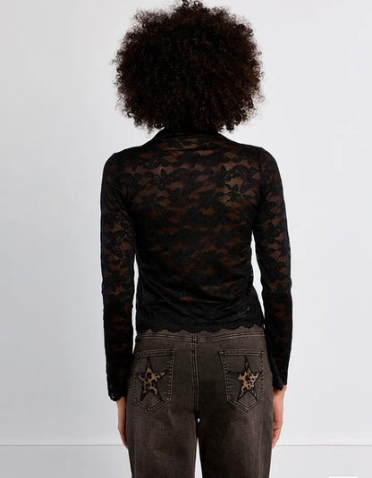 Embroidered mesh top, semi-sheer
