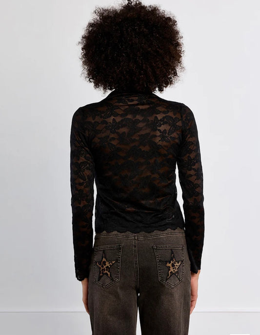 Embroidered mesh top, semi-sheer