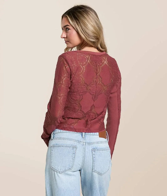 Jae Sheer Lace Knit Long Sleeve Top