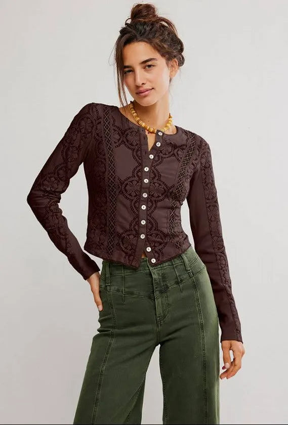 Jae Sheer Lace Knit Long Sleeve Top