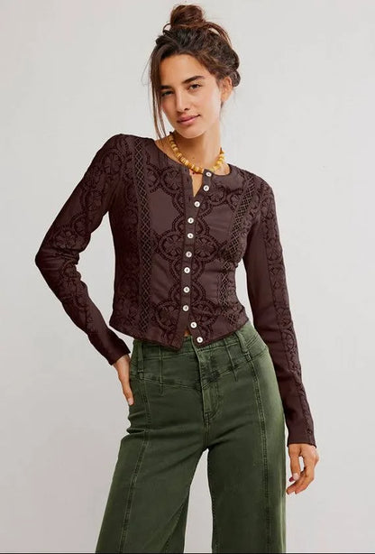 Jae Sheer Lace Knit Long Sleeve Top