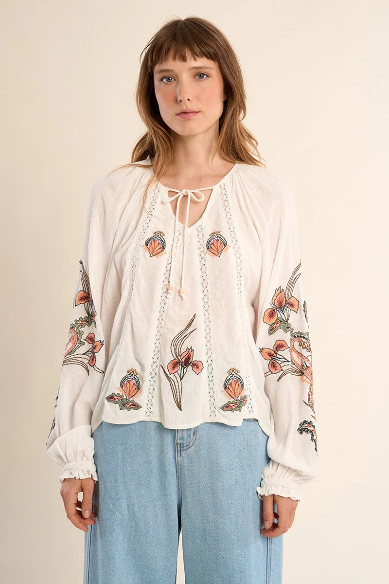 Blouse with floral embroidery, tie collar