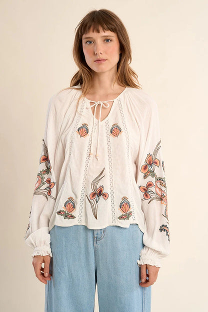Blouse with floral embroidery, tie collar