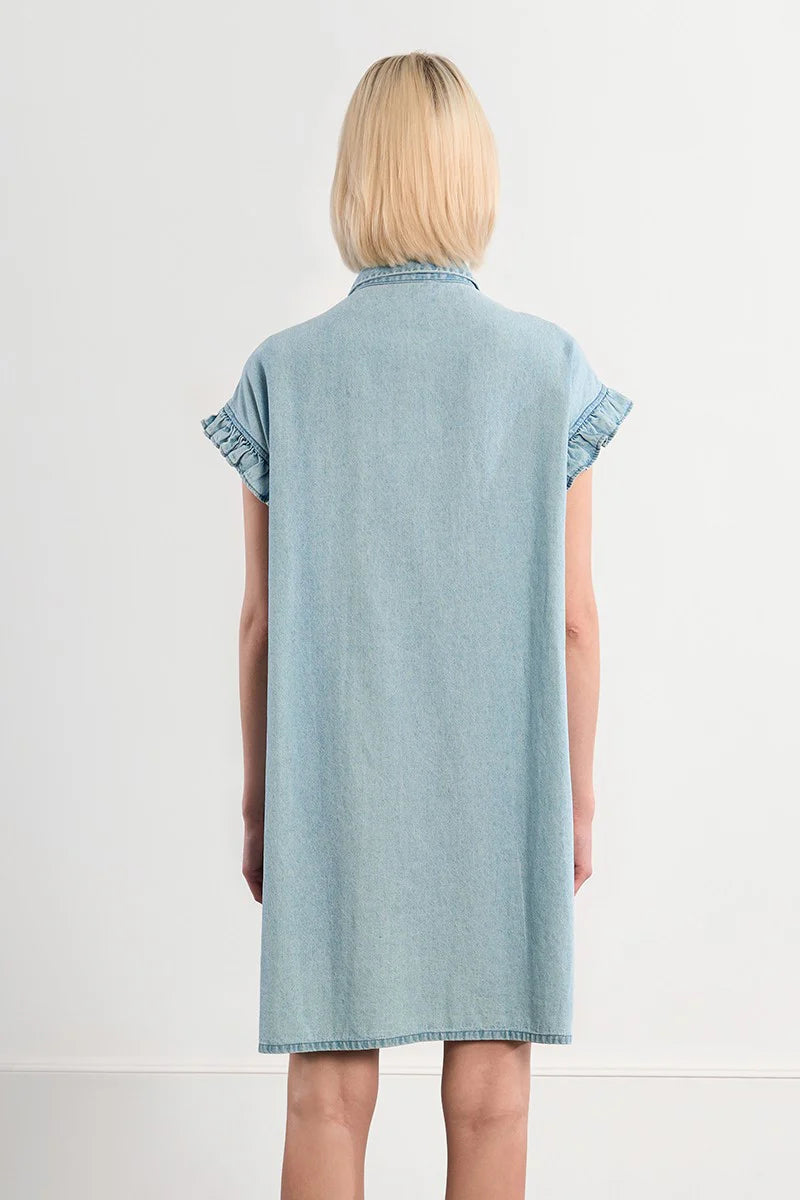 Cotton smocked dress with a denim effect