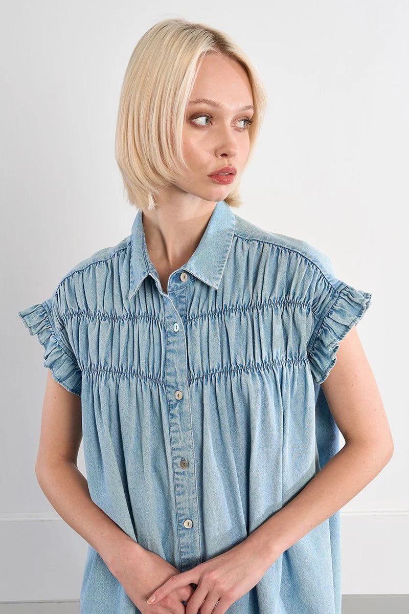 Cotton smocked dress with a denim effect