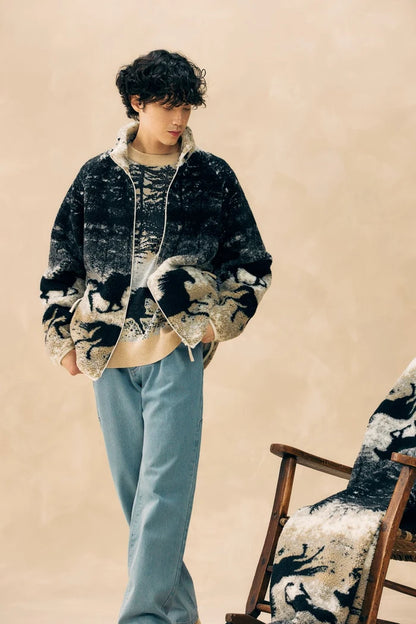 Printed Terry Fleece Jacket Wild Horses