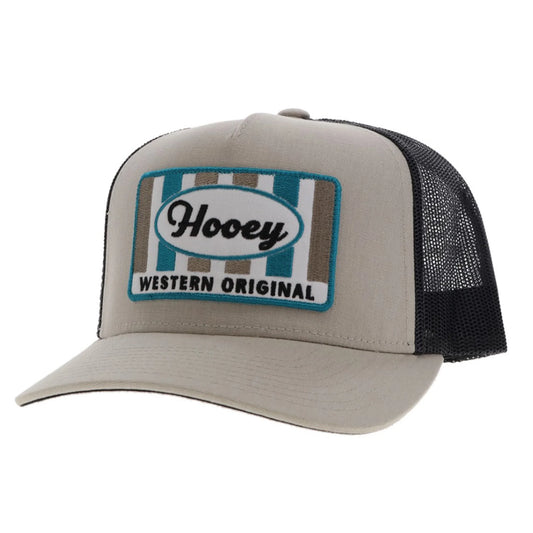 Sudan Hooey Tan / Charcoal 5-Panel Trucker with Tan / White / Blue Rectangle Patch - OSFA