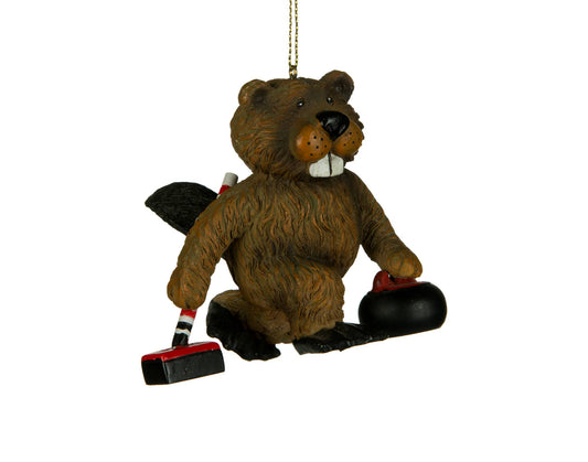 Beaver With Curling Rock & Broom