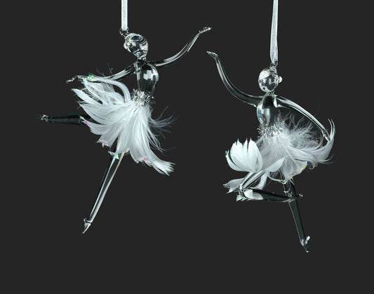 2/A 6.5" Glass Ballerina Orn W/Wht Feathers
