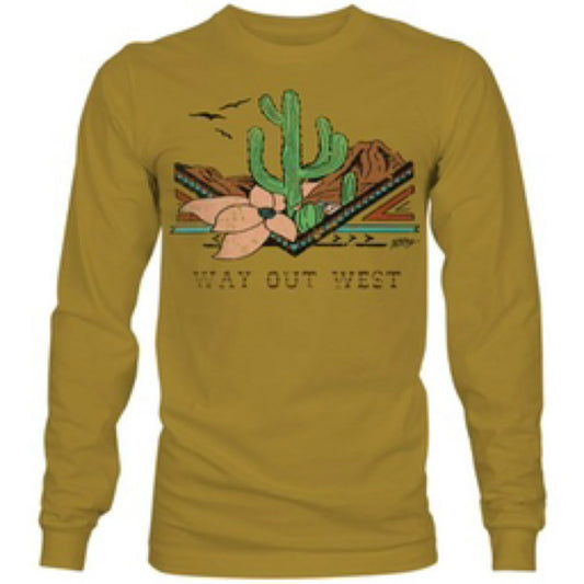 Way Out West Youth Ladies Mustard Crew Neck Long Sleeve T-Shirt with Multi Color Cactus Logo XL
