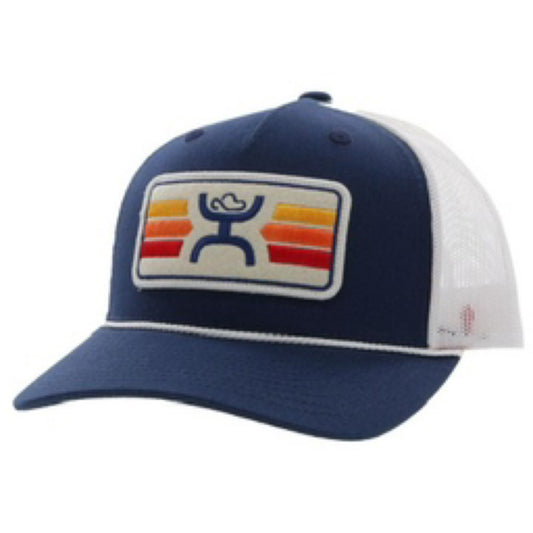 Sunset Hooey Navy / Cream 5­ Panel Trucker with Red / White / Yellow Rectangle Patch Youth