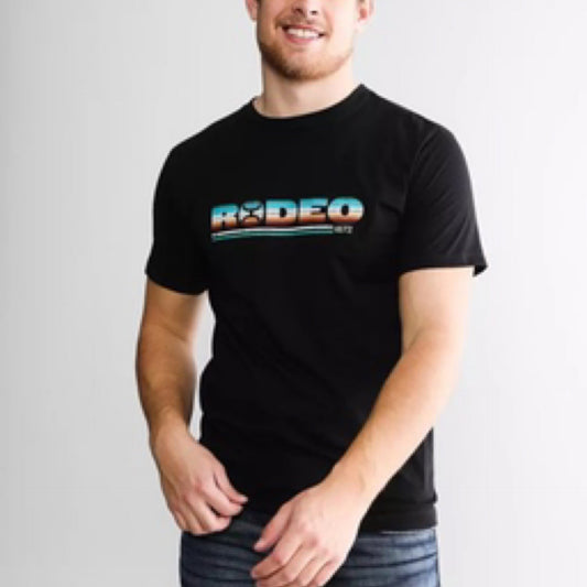 Rodeo, Men’s Black Crew Neck Cotton / Poly Short Sleeve T-Shirt with Serape Pattern Logo on Chest