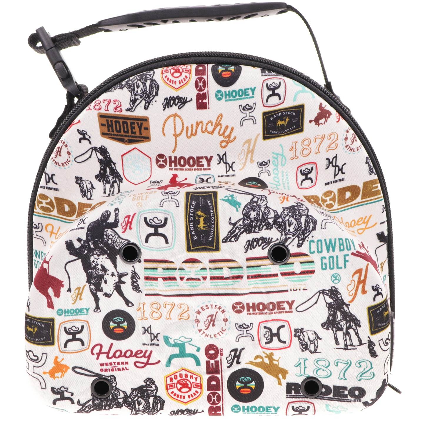Cap Carrier, Cream with Black / Burgundy Rodeo Pattern on the Outside with Black Hooey Logo and Burgundy Inside with Handle to Carry -