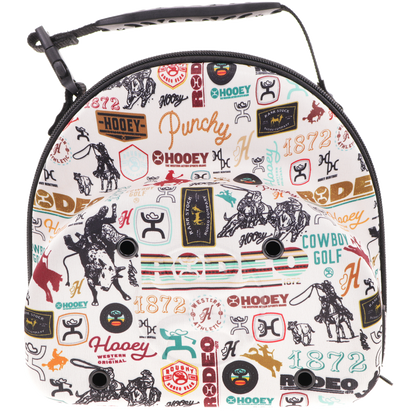 Cap Carrier, Cream with Black / Burgundy Rodeo Pattern on the Outside with Black Hooey Logo and Burgundy Inside with Handle to Carry -