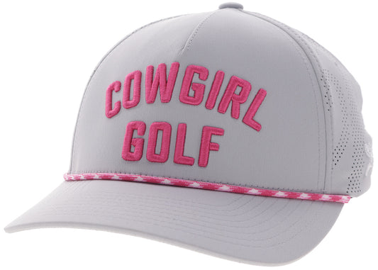 Cowgirl, Grey 5-Panel Trucker with Pink Cowboy Golf Logo
