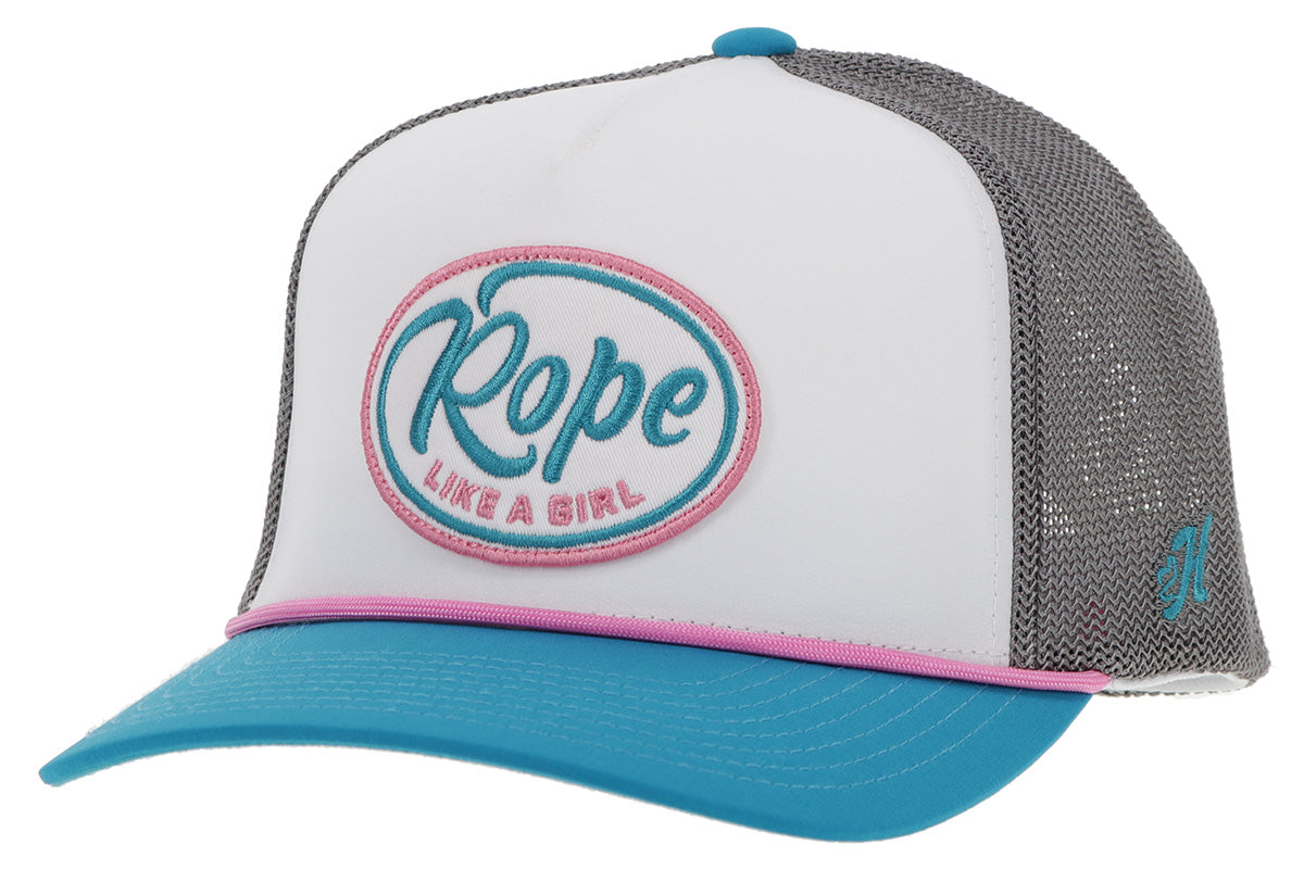 Rope Like a Girl, White / Grey 5-Panel Trucker with Pink / Turquoise / White Oval Patch - OSFA