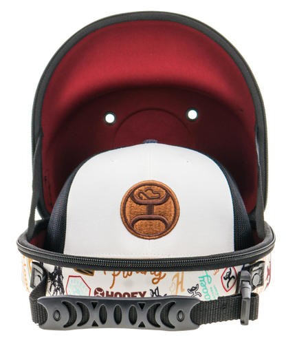 Cap Carrier, Cream with Black / Burgundy Rodeo Pattern on the Outside with Black Hooey Logo and Burgundy Inside with Handle to Carry -